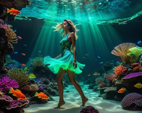 Woman in Vibrant Dress in Colorful Underwater Scene