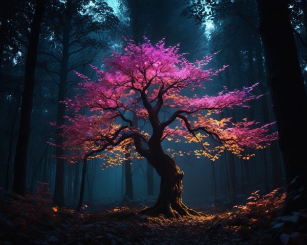 Brightly Lit Tree in Dark Blue Fantasy Forest