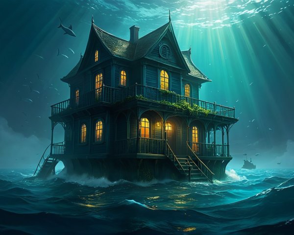 Victorian House on Teal Waters with Marine Life