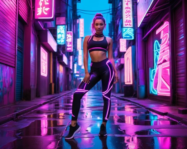 Confident Woman in Athletic Outfit in Neon Alley