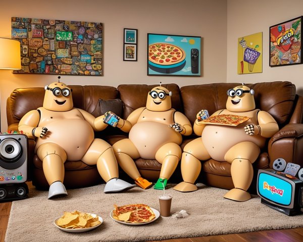 Cartoonish Robots Relaxing with Pizza and Games