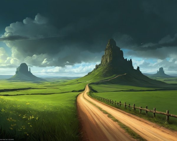 Dirt Path with Mountains and Stormy Sky Landscape