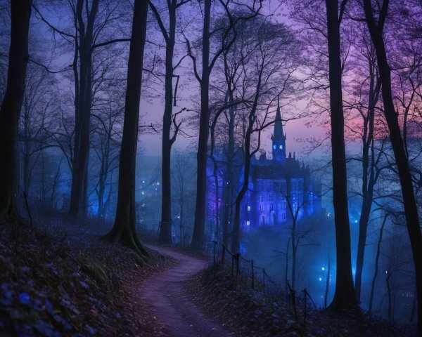 Winding Path Through Misty Forest to Enigmatic Castle