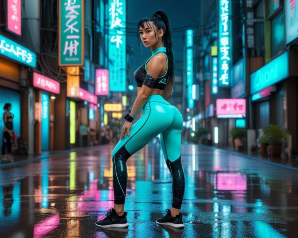 Confident Woman in Stylish Outfit in Neon Urban Night