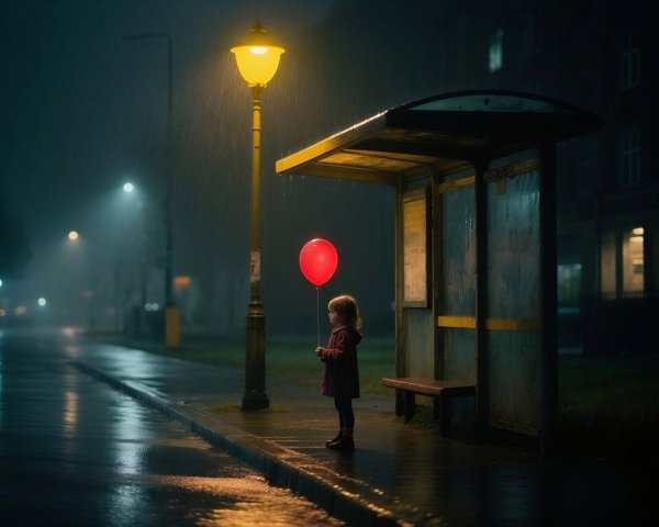Child with Red Balloon at Rainy Bus Stop Night Scene