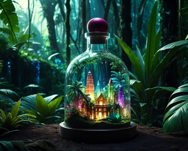 Miniature Cityscape in a Glass Terrarium with Plants