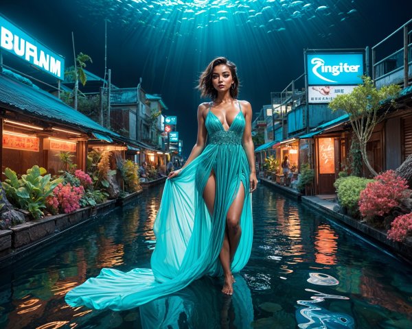 Woman in Turquoise Gown by Shimmering Waterway