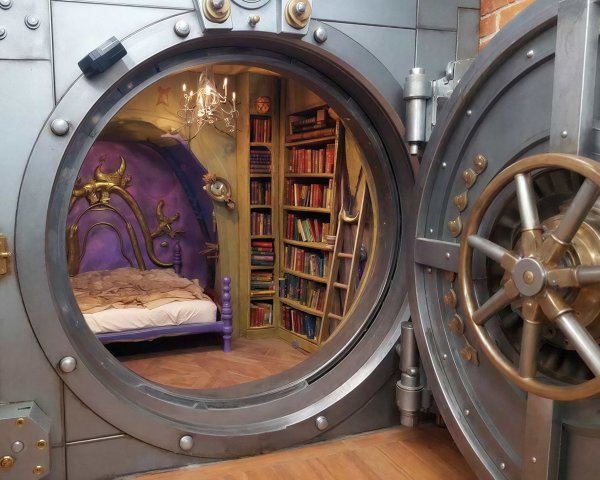 Industrial Vault Door Leading to Whimsical Bedroom