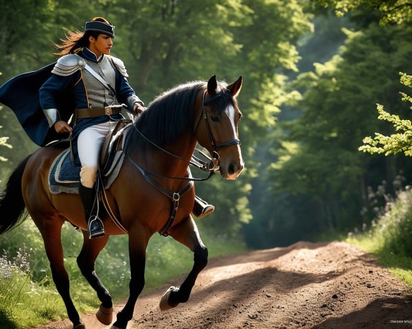Male Horse Rider in Uniform on Brown Horse in Forest