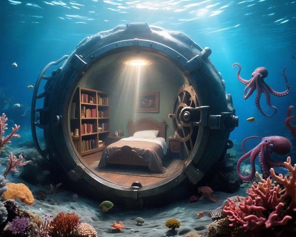 Underwater Scene with Cozy Bedroom in Porthole Structure