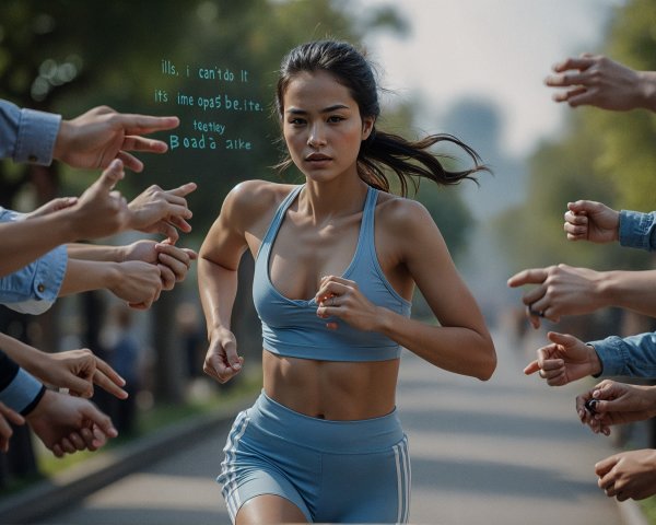 Young Woman Running in Athletic Gear with Supportive Hands