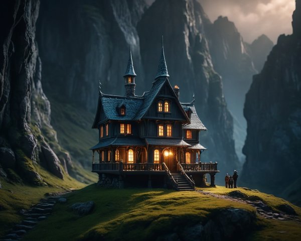 Whimsical Illuminated Mansion on Grassy Knoll