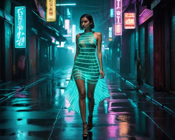 Futuristic Dress in Neon-Lit Rainy Alley Scene