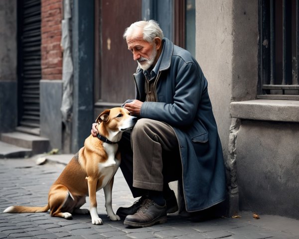 Elderly Homeless Man with Dog on Cobblestone Street