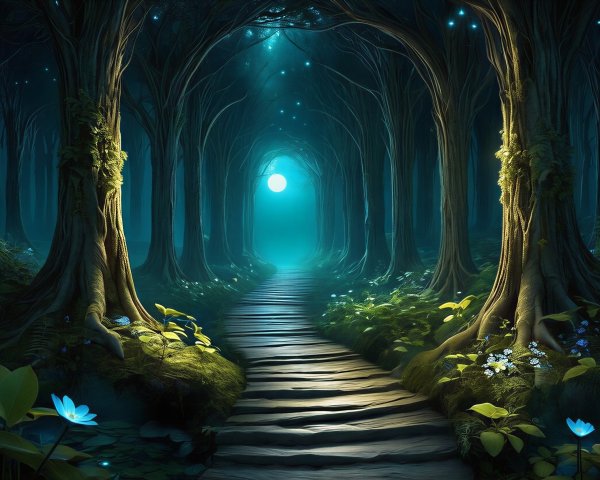Magical Nighttime Forest with Illuminated Pathway