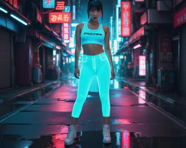 Young Woman in Neon Alley with Reflective Pavement