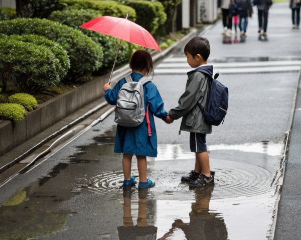 Children Playing in a Puddle with Umbrella and Rain Gear