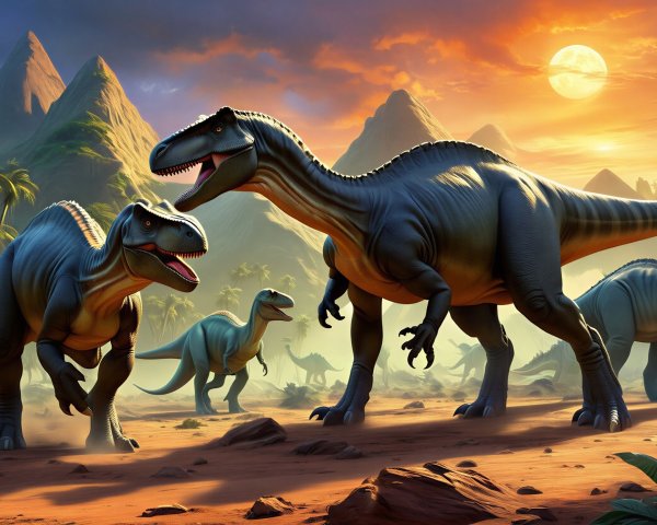 Prehistoric Landscape with Carnivorous Dinosaurs at Sunset