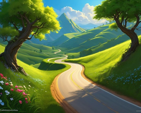 Winding Country Road Through Rolling Green Hills