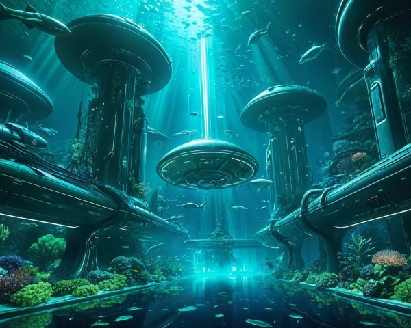 Underwater Scene with Futuristic Structures and Marine Life
