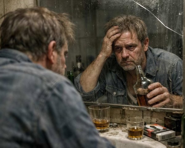 Disheveled man in grungy bathroom with amber bottle