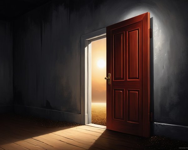 Digital painting of a dark room with a red door