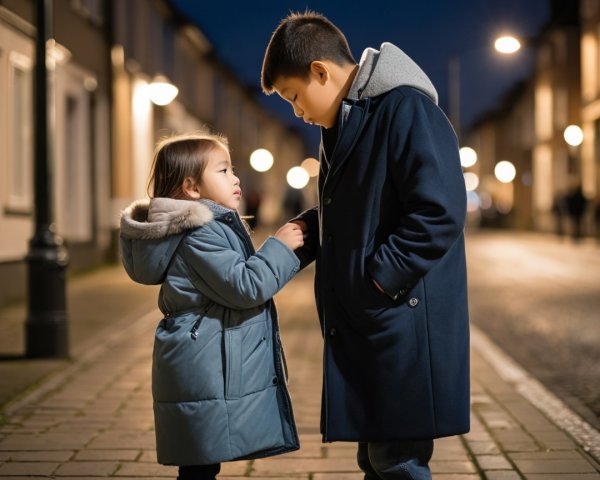 Children on Cobblestone Sidewalk at Twilight