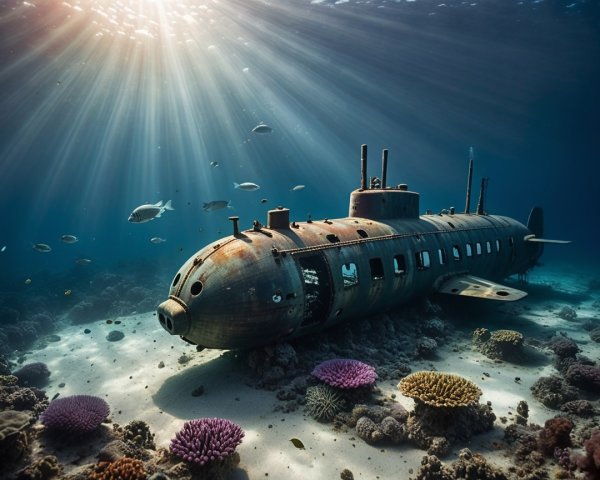 Old Submarine Surrounded by Coral Reefs and Fish