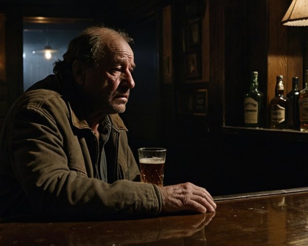 Solemn Man at Dimly Lit Bar with Beer and Bottles