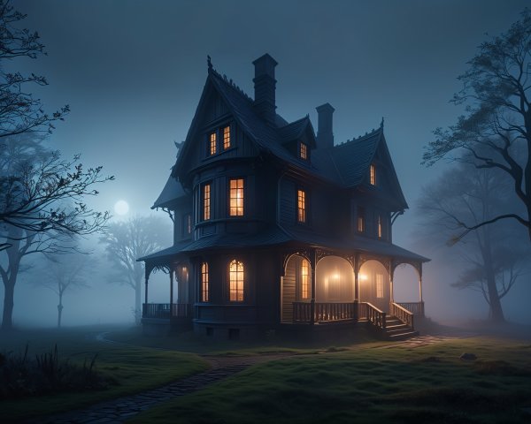 Victorian Haunted House on Foggy Night with Moon
