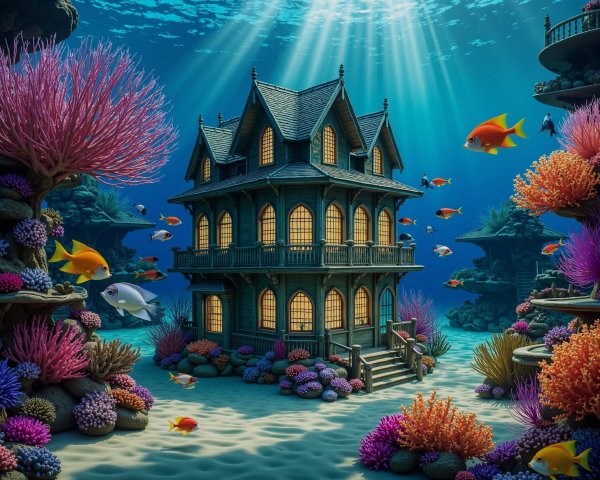 Underwater Mansion Surrounded by Colorful Coral Reefs