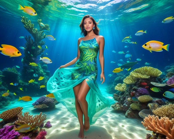 Underwater Scene with Woman in Tropical Dress