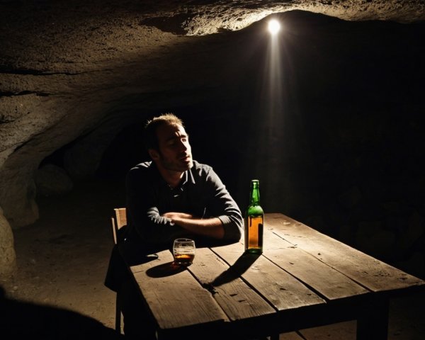 Man in Cave with Whiskey and Green Bottle