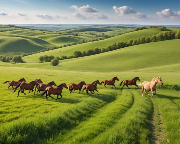 Herd of Horses Running in a Green Hilly Landscape