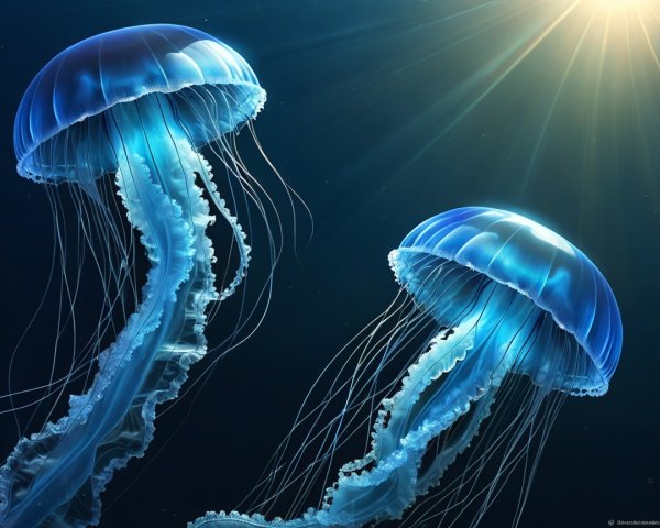 Translucent blue jellyfish in a deep blue ocean