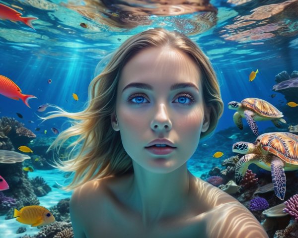 Underwater Scene with Woman and Marine Life