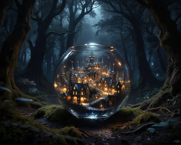 Magical city inside glass sphere in enchanted forest