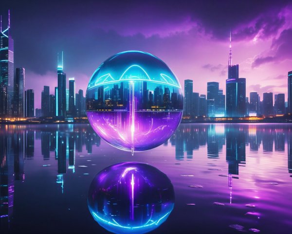 Futuristic City Skyline with Luminous Orb at Twilight