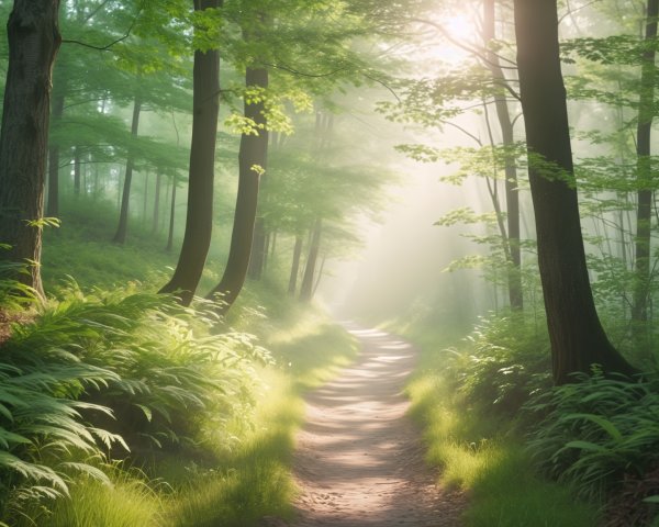Serene Forest Path Surrounded by Lush Greenery