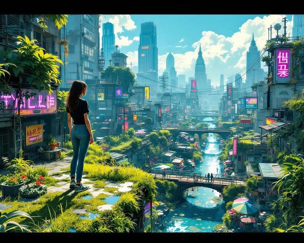 Futuristic Asian-style cityscape with a woman in view