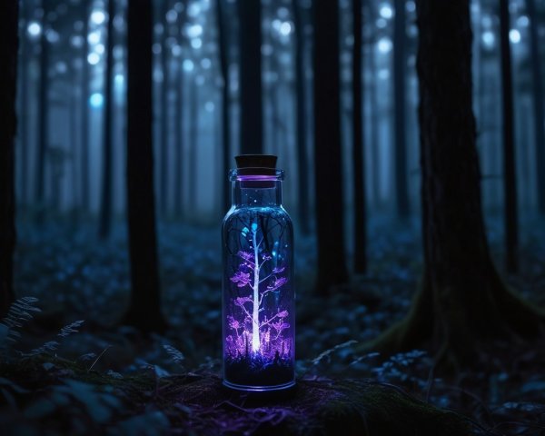 Glass Bottle with Glowing Tree in Misty Forest