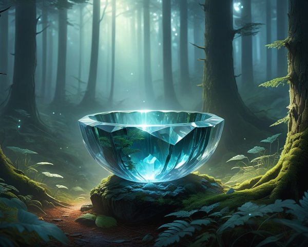 Glowing Ice Bowl in a Dark Magical Forest Setting