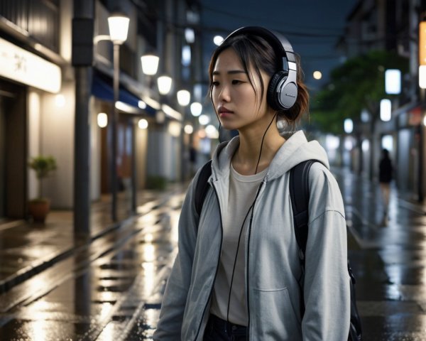 Young Woman in Rainy Street with Headphones and Hoodie