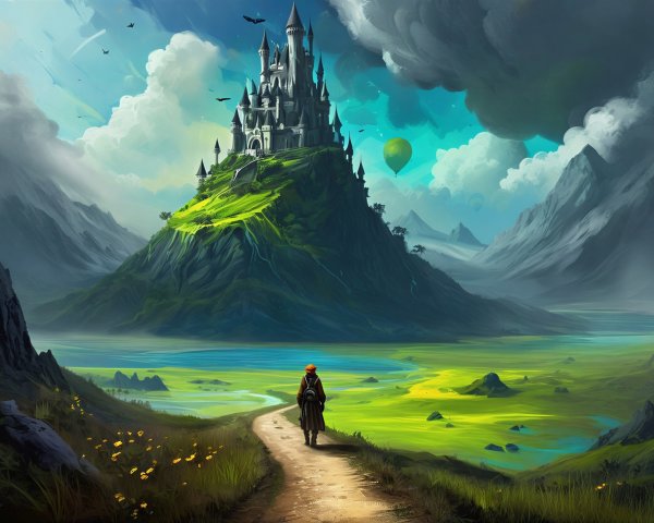 Mystical Landscape with Castle and Hot Air Balloon