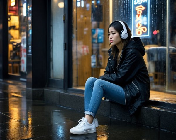 Young woman in stylish jacket on rainy city sidewalk