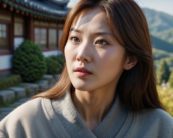 Young woman in sweater amid serene landscape and architecture