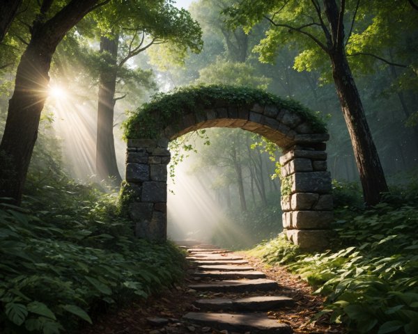 Serene forest scene with stone archway and sunlight