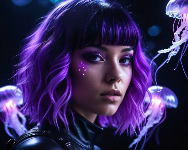 Portrait of a young woman with purple hair and makeup