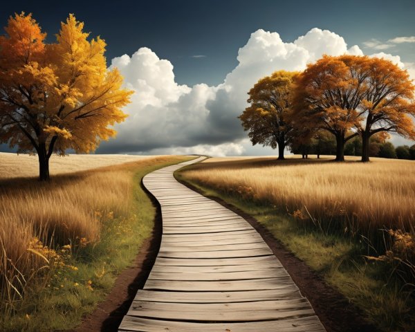 Curved Wooden Boardwalk in Autumn Field Landscape