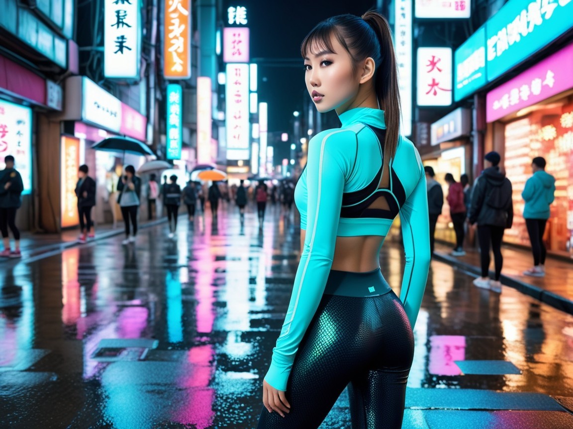 Asian Woman in Aqua Athletic Wear on Urban Street